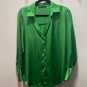 Green silk button down